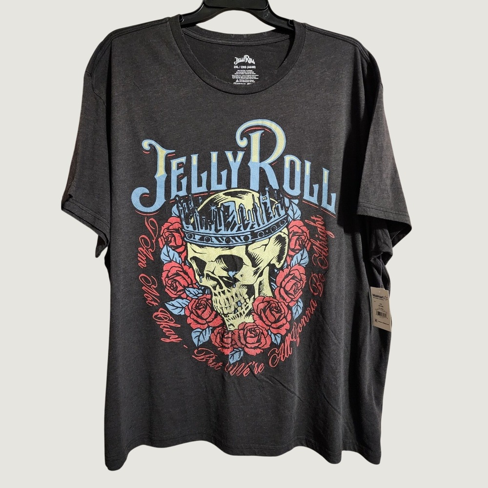Jelly Roll T-Shirt Beautifully Broken Skull Roses 2XL Charcoal Heather